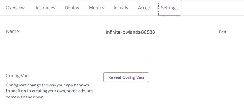 Heroku - Settings Tab Section