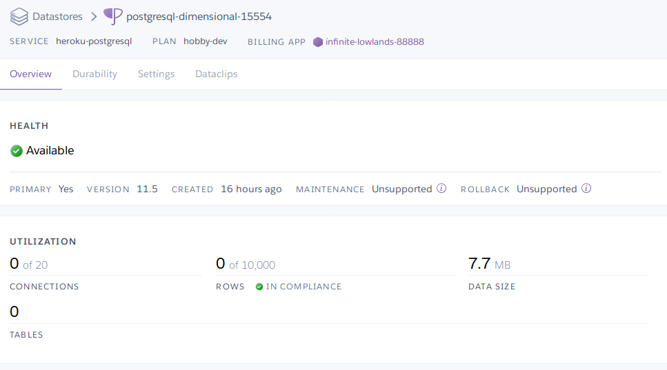Heroku Postgres - Overview Tab Section