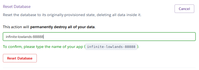 Heroku Postgres - Settings - Confirm Database Reset