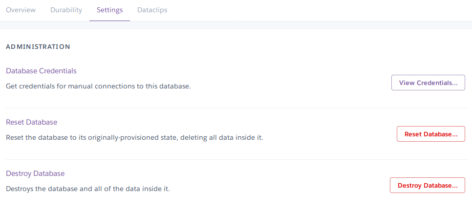 Heroku Postgres - Settings Tab Section