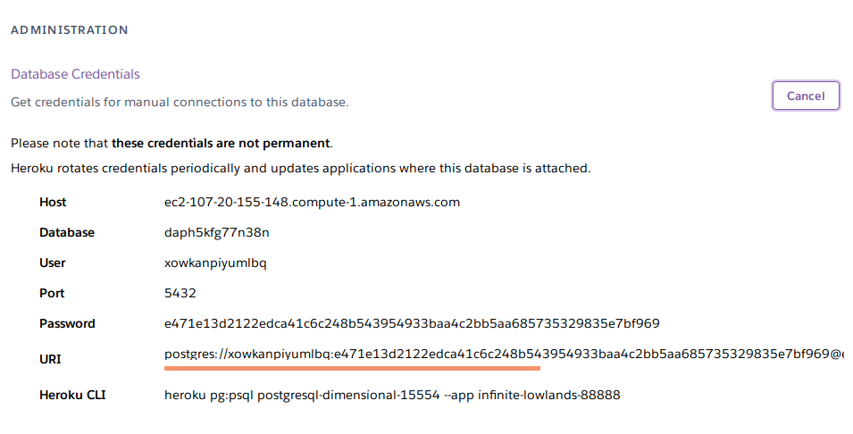 Heroku Postgres - Settings - Database Credentials Information