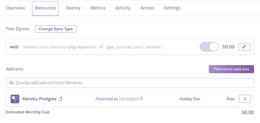 Heroku - Resources Tab Section
